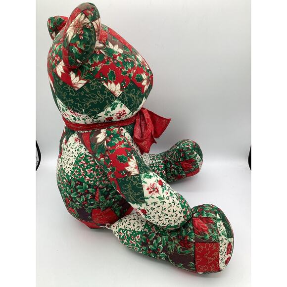 Patchwork Christmas Bear With Red Ribbon 23 inches Tall Vintage - Picture 5 of 6